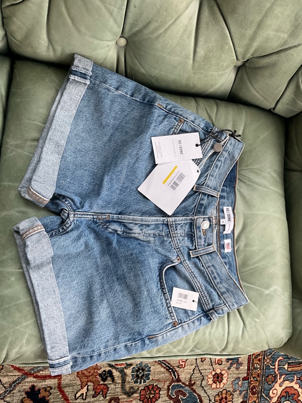 Re/Done Two-Tone Light Blue Denim Rolled Hem Shorts